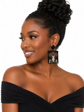 Kay Lee New York Beaded Lady Statement Drop Earrings Black Gold